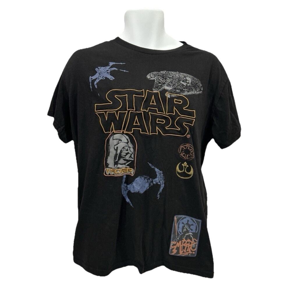 Disney Star Wars T-shirt Men’s Sz XL Black Embroidery Vader Millennium Falcon